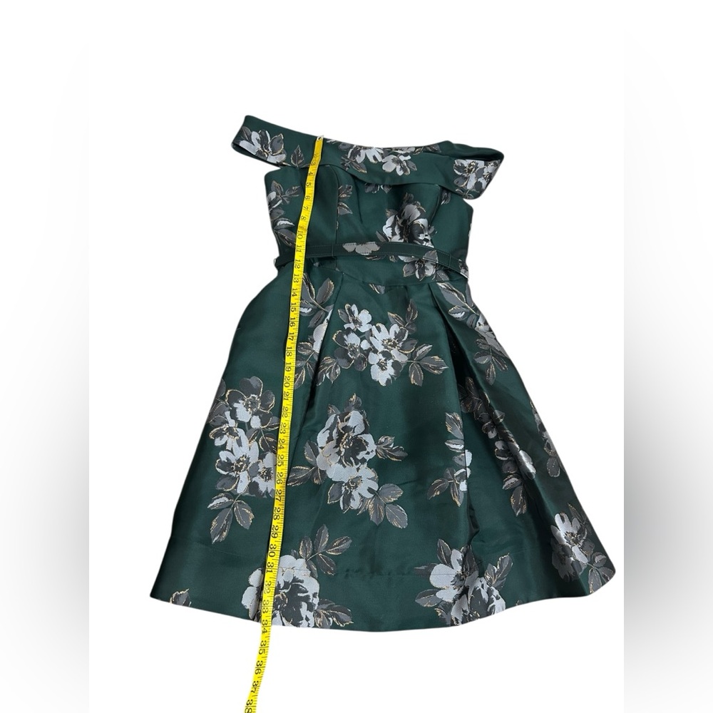 Eliza J Off the Shoulder Emerald Green Brocade Floral Belted Dress Sz 10 - Picture 16 of 16
